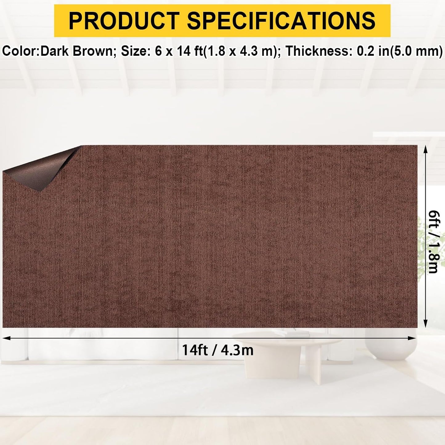 Marine Carpet, 6 FT x 14 FT Brown Indoor/Outdoor Area Rug, 0.2" Thick, Water-Resistant, Non-Slip, Machine Made, Solid, Marine Animals Theme