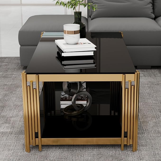 Rectangular Black Glass Coffee Table, 47" Center Table Living Room Table, Gold Stainless Steel Irregular Leg, Double-Layer Structure, Black Glass Desktop, Luxury
