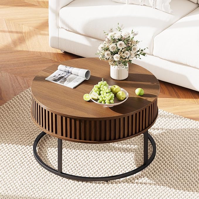 Round Coffee Table with Lift Top - Fluted Wood Center Coffee Tables for Living Room, Lifting Up for Dining, Large Hidden Circle Storage Compartment for Small Spaces, Mid Century Modern, Walnut