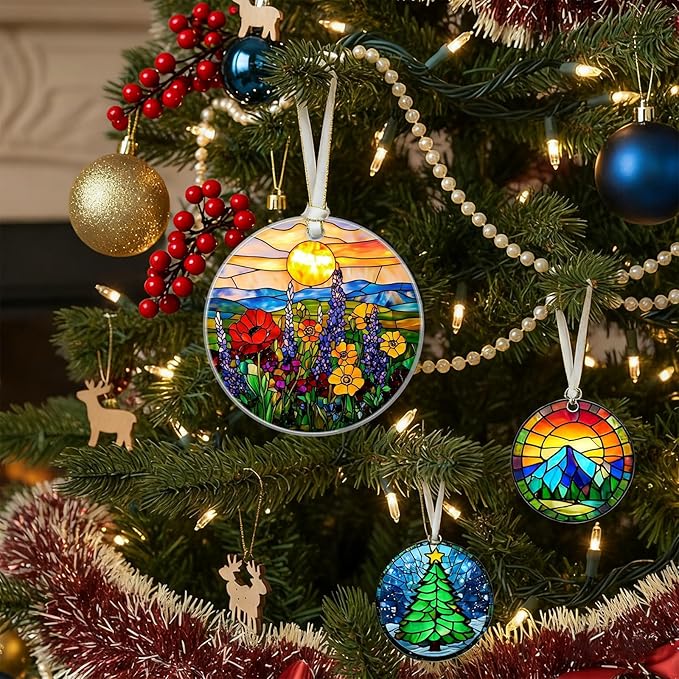 Wildflower Christmas Ornaments 2025, Stained Glass Christmas Tree Decorations, Exchange for Women, Men, Collectible Dated Year Ornaments for Tree - Glass Hanging Ornament