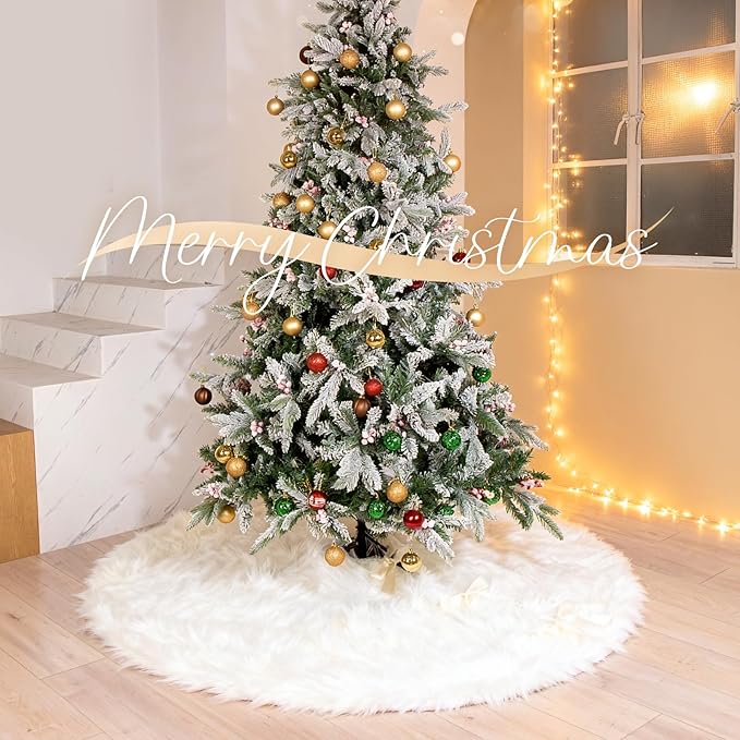 72 Inch White Christmas Tree Skirt with 4.5" Extra Long Pile– Ultra Plush Faux Fur Tree Skirt for 7.5-12 Ft Trees