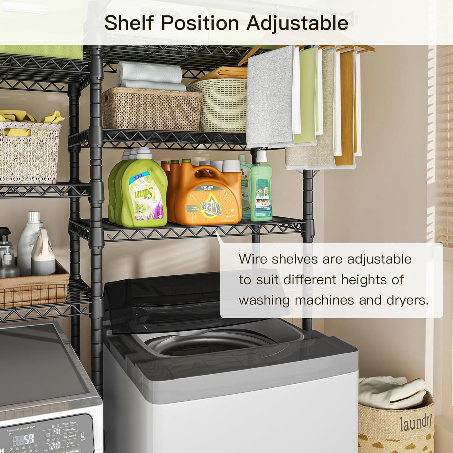 Ulif U13 Medium Over Washer and Dryer Storage Shelves, 6 Tiers Laundry Room Standing Shelf with 2 Hanger Rods, Space Saver Clothes Drying Rack, 57.8" W x 22" D x 77.4" H, Black