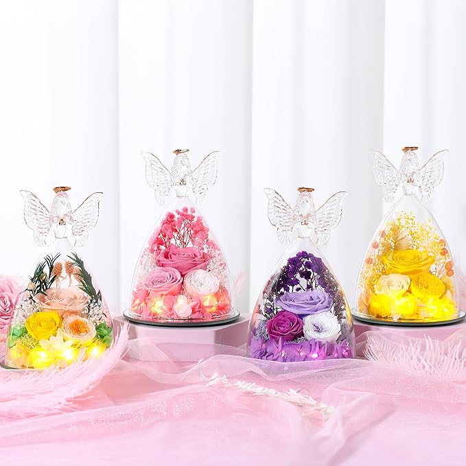 Christmas Rose Gifts for Women Preserved Real Flower in Glass Angel Figurines Roses for Delivery Prime Birthday Gifts for Mom Grandma Girlfriend Wife Her,Pink Austin Roses
