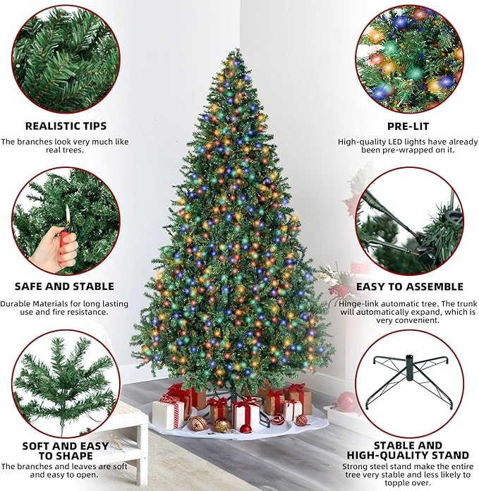 ININ 8FT Prelit Christmas Spruce Artificial Tree with Led Lights, Lighted Christmas Tree，Hinged Full Xmas Tree for Home Party Decoration,750 LED Lights,2168 Branch Tips, Metal Hinges & Foldable Base.