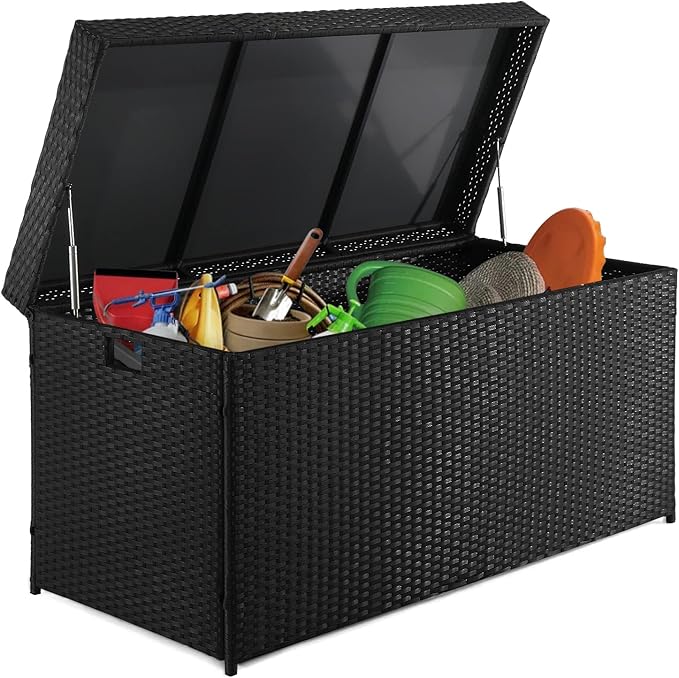 VINGLI Upgraded Version 132 Gallon Outdoor Storage Box, Patio Rattan Deck Box, Wicker Storage Bench for Indoor, Outdoor, Pool, Balcony, Yard, Garden, Black