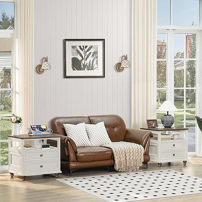 Farmhouse Nightstand Set of 2 with Charging Station, 24" Wide End Table with 2 Drawers,Dresser for Bedroom,Bed Side Table Chest of Drawers Cabinet,Wood White Night Stand for Living Room