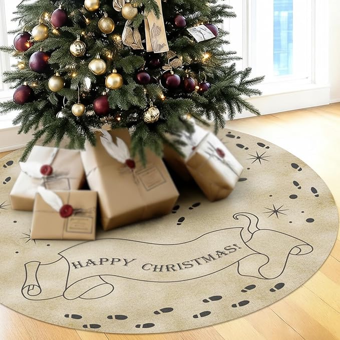 48 Inch Magical Wizard Christmas Tree Skirt Vintage Christmas Decorations Large Hand Drawn Magical Xmas Tree Skirt for Xmas Farmhouse Birthday Holiday Party Decorations