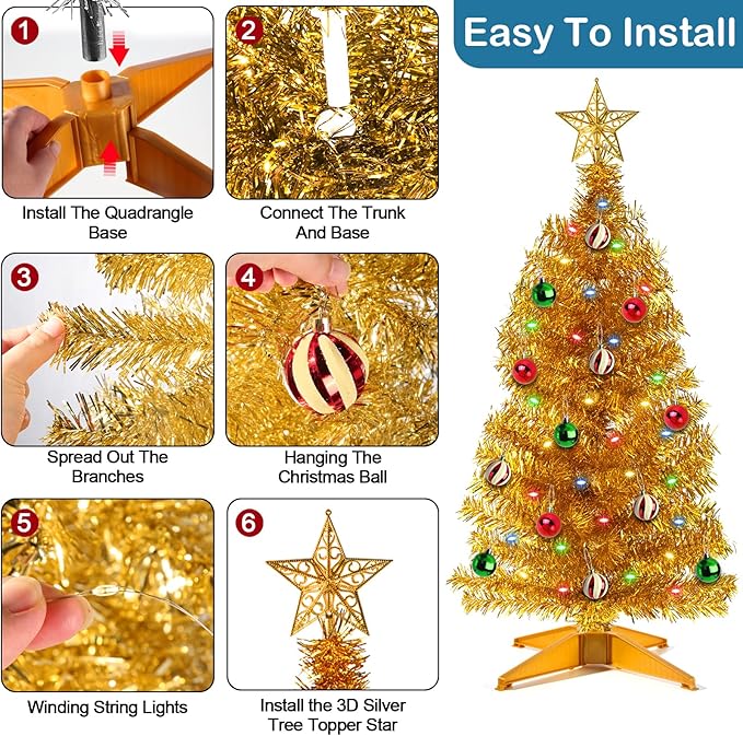 3 Ft Gold Christmas Tree with 12 Modes Timer 50 LED Four Color & Warm Lights DIY 15 Ball Ornaments 3D Star Artificial Xmas Tree Indoor Home Holiday Party Decoration