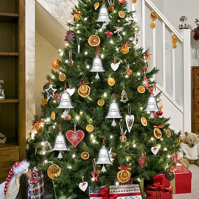 Styleonme Decorative Bells, Christmas Ornaments 2025, Engraved It's Merry Christmas, Silvery Bells Decoration with Pendants Tree
