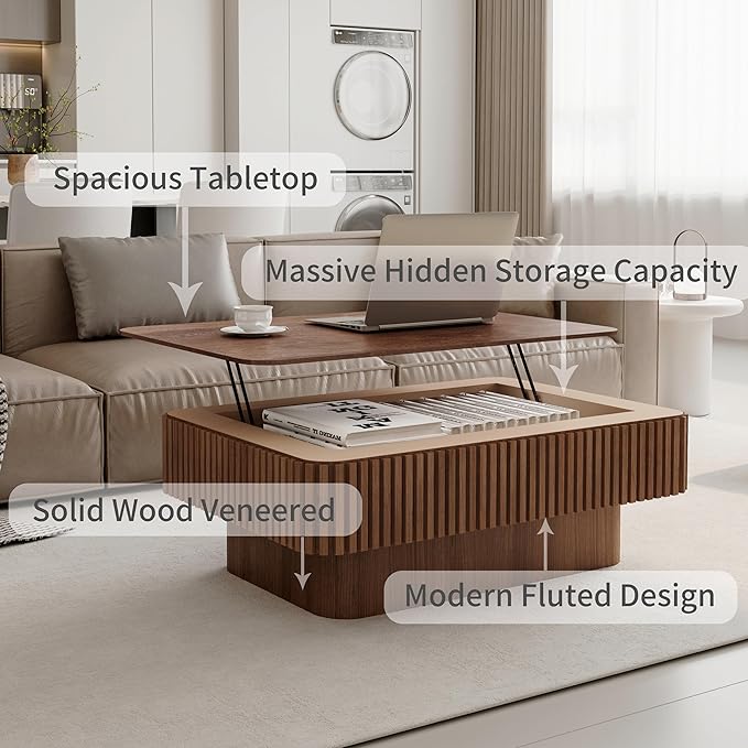38.6" Lift Top Coffee Table, Modern Fluted Tea Table with Hidden Storage for Living Room, Apartment or Office, Walnut