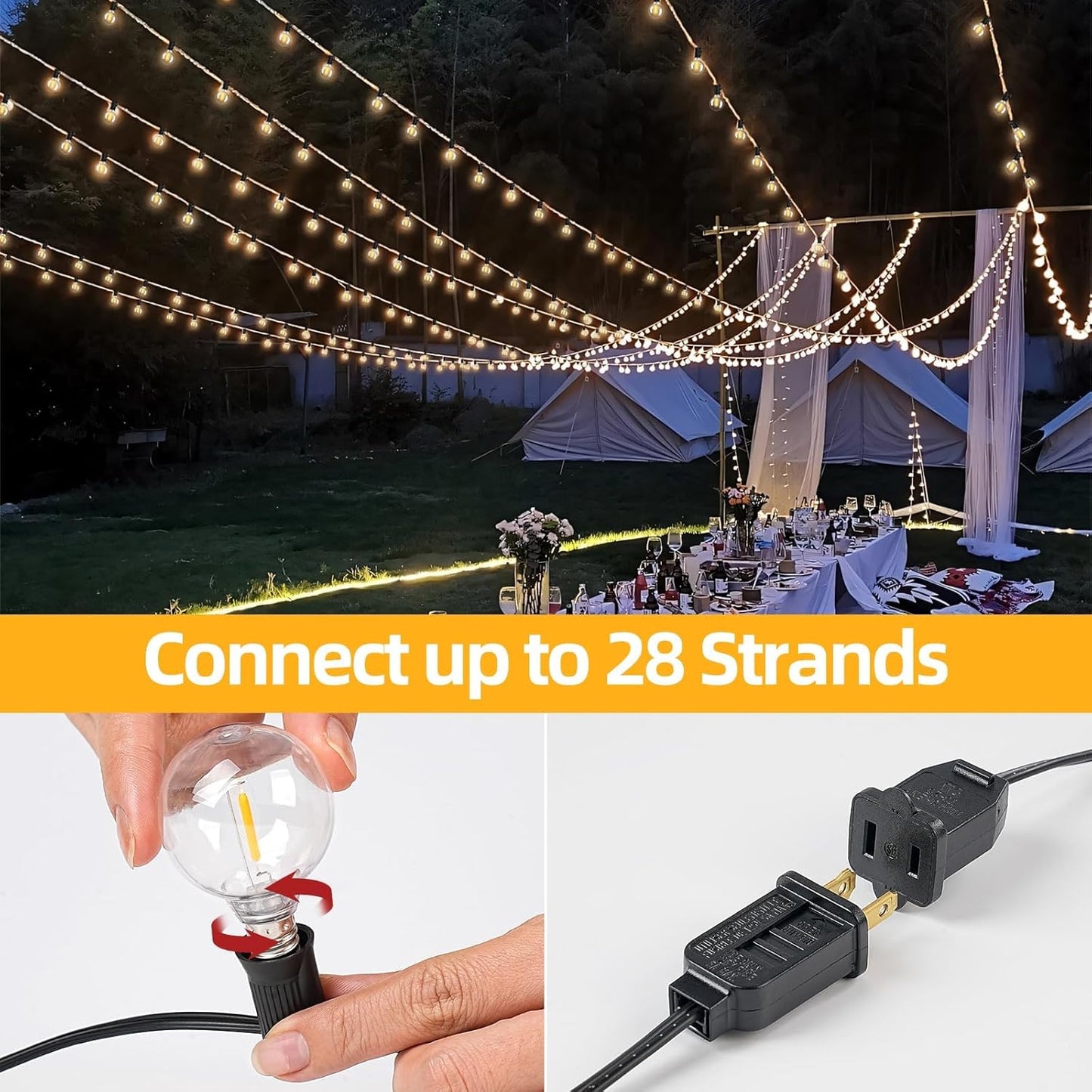 50FT G40 LED String Lights with 25 Shatterproof Bulbs (2 Spares), E12 Sockets, 2700K Warm White, eatherproof Patio Lighting for Garden,Backyard,Party,Wedding,Porch,Deck,Gazebo,Bistro,Camping