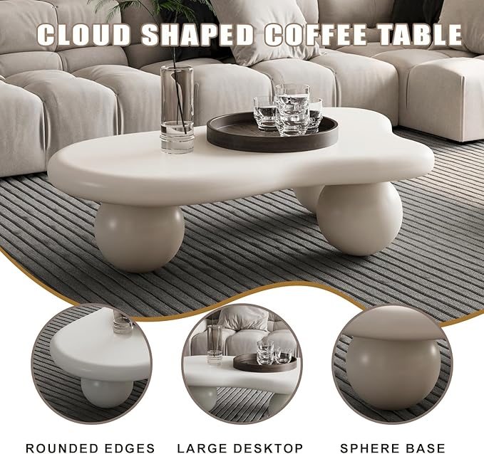 Modern Cloud Coffee Table with 3 Ball Legs, Cute Irregular Shaped Coffee Table, Low Center Table Tea Table for Small Space Living Room (40''L × 26.8''W × 11.7'H)