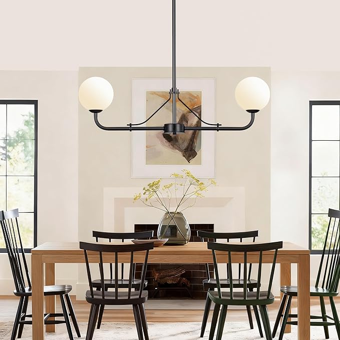 2 Lights Black Linear Chandelier, Mid Century Modern Kitchen Island Lighting, Dining Room Light Fixtures Over Table Hanging, Milk White Globe Glass Shade