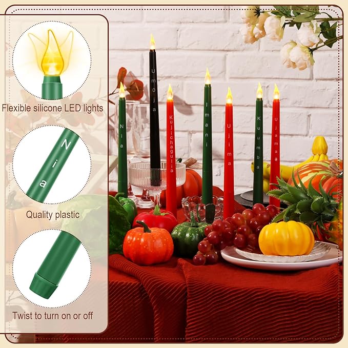Riakrum 7 Pieces Kwanzaa Candles Set Kwanzaa Flameless Taper Candles Battery Operated for Church Celebration Decoration(10.83 Inches,Words)