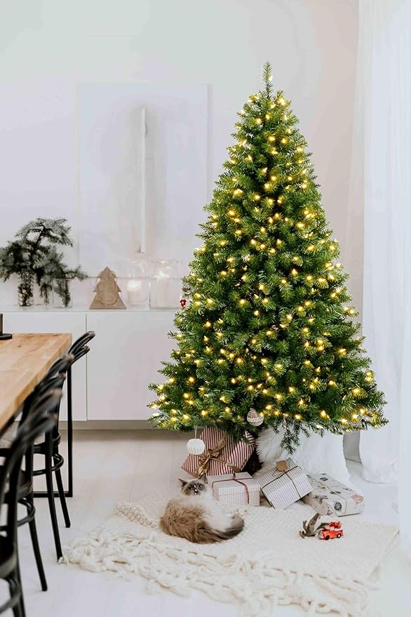 YULETIME 6.5ft Pre-Lit Christmas Tree, Hinged Green Artificial Holiday Decorative Tree with UL Listed 300 Warm White LED Christmas Lights (6.5' Warm White)