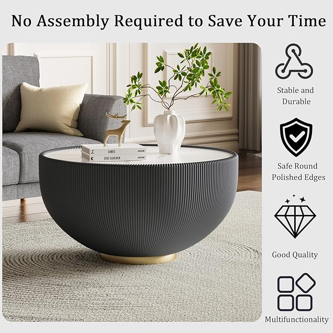 27.56" Grey Round Coffee Table, Drum Coffee Table with Sintered Stone Tabletop and Fluted PU Leather Covered and Metal Base, Circle Cocktail Tea Table for Living Room