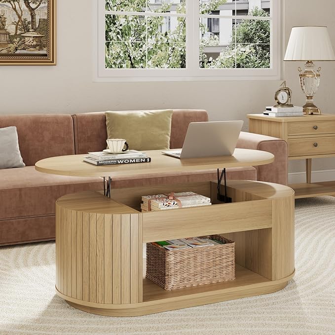 Oval Lift Coffee Table, 43 Inch Lift Top Coffee Table with Storage for Living Room, 2-Tier Rustic Lift Up Tabletop Mid Century Center Tables with Hidden Compartment for Apartment, Light Oak Brown
