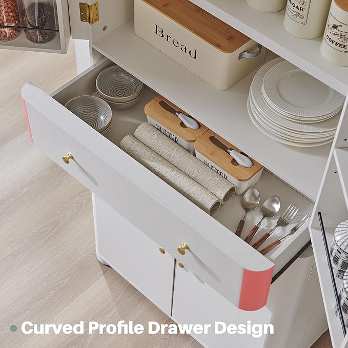 71" Tall Kitchen Pantry, Modern Curved Pantry Storage Cabinet with 4 Doors and 6 Adjustable Shelves, Cupboard for Kitchen, Dining Room, Living Room and Bathroom, White