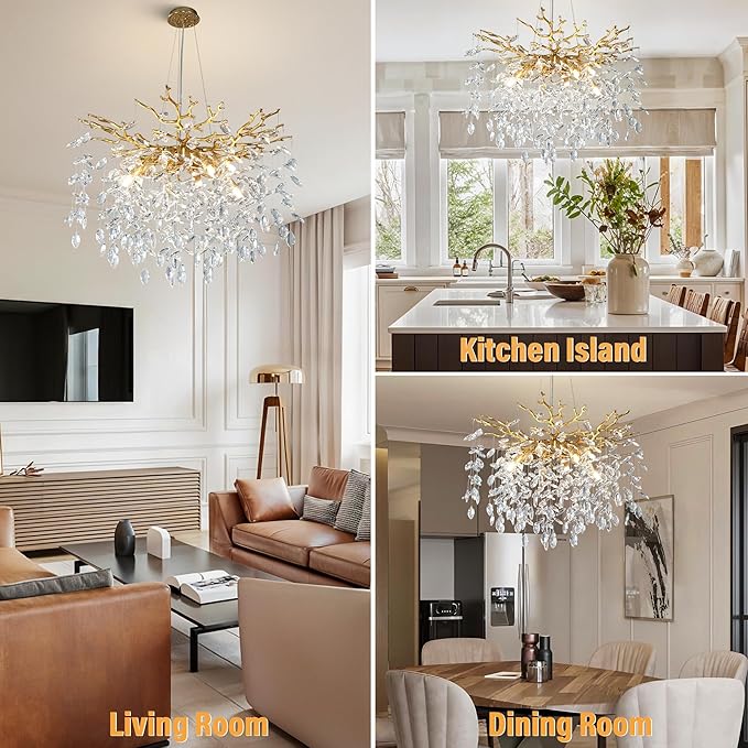 YUYI 23.6" Modern Gold Tree Branch Crystal Chandelier, 8-Light Round Raindrop Pendant Lighting for Dining Room Living Room Bedroom Kitchen Foyer Entryway, Luxury K9 Crystal Statement Light Fixture