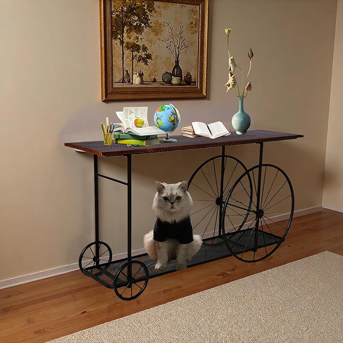 Topower Industrial Style Double Layer Iron Cart Wooden Desktop Center Table, Farmhouse Coffee Table with Wheels for Living Room, Entryway, Coffee Shop, Black