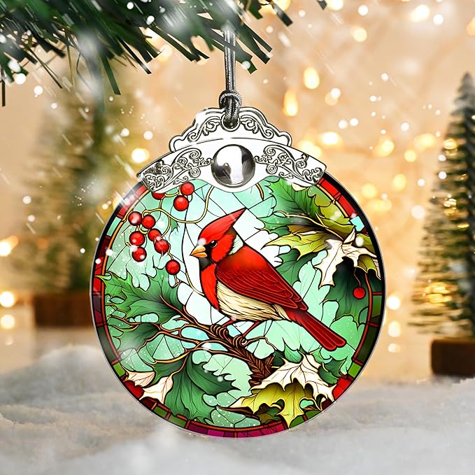 Stained Glass Christmas Ornament, Jocidea Christmas Decorations, Cardinal Christmas Tree Ornament, Holiday Decor and Xmas Gifts Ideas