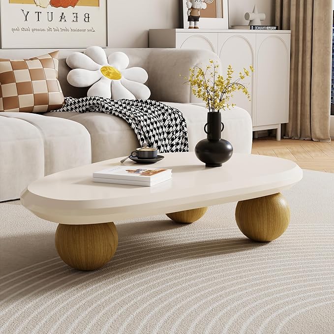 51.18" Large Cloud Coffee Table for Living Room, Oval Wood Coffee Table with 3 Brown Ball Legs, Unique Modern Living Room Table Center Table for Home Office, White