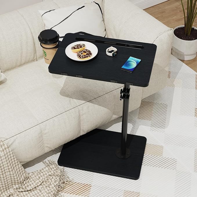 TV Tray Table, Adjustable C Shaped End Table for Couch, 360°Swivel Couch Side Tables That Slide Under Couch Desk Tray Tables for Small Space Sofa Bed Living Room Bedroom Bedroom(Black)