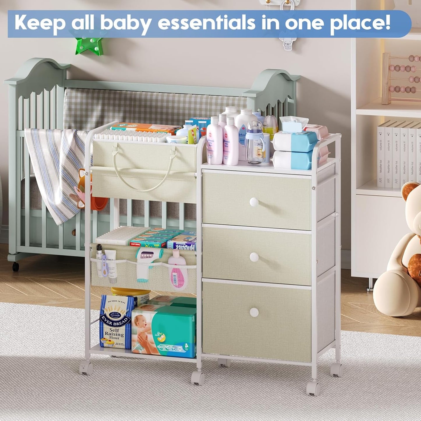 2In1 Baby Diaper Caddy Organizers and Storage, 3 Tier Rolling Cart with Dividers and Drawers, Mobile Utility Cart Baby Dresser Clothes Organizer for Changing Table, Crib Nursery, Bedroom