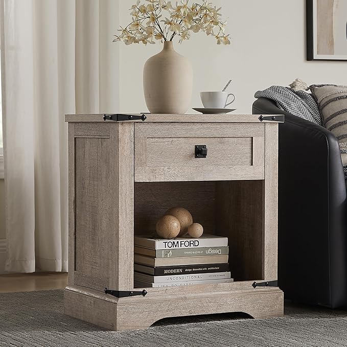 T4TREAM 24" Farmhouse Nightstand with Charging Station, Large End Table with Drawer and Open Storage Cabinet, Rustic Wood Bedside Table Sofa Table for Bedroom, Light Rustic Oak