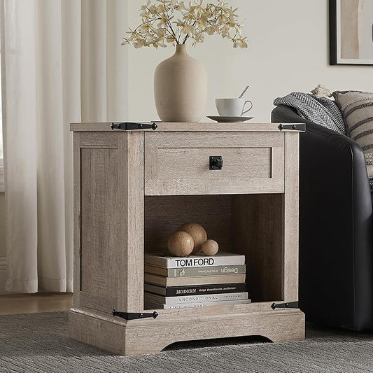 T4TREAM 24" Farmhouse Nightstand with Charging Station, Large End Table with Drawer and Open Storage Cabinet, Rustic Wood Bedside Table Sofa Table for Bedroom, Light Rustic Oak