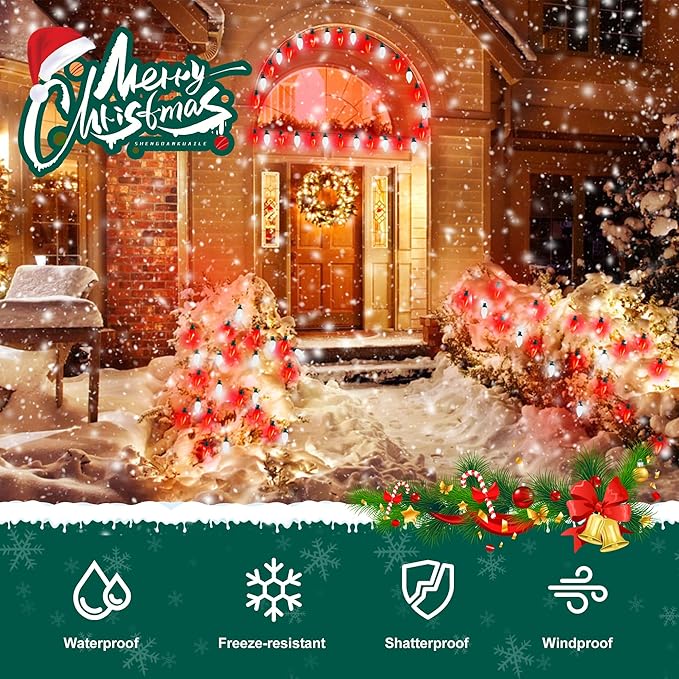 HAYATA Red&White C9 Big Bulbs Classic Christmas Lights 50 LED 32ft Strawberry Light - Waterproof Green Wire Fairy Lights, for Indoor Outdoor Home Yard Xmas Tree Decorations (Red White - 50LED)