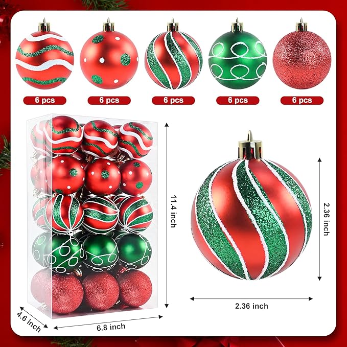 30PCS Christmas Ball Ornaments, 2.36" Red Green Christmas Balls Ornaments for Tree, Shatterproof Xmas Tree Decoration, Painting & Glittering Hanging Ball Baubles