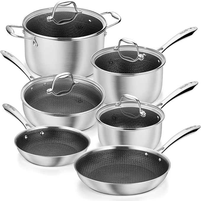 KOCH SYSTEME CS Triply Stainless Steel Cookware Set 10 Piece, Nonstick Hybird Stainless Steel Pots and Pans Set, Kitchen Cookware Set with Honeycomb Interior, 18/10 Steel, Induction Compatible