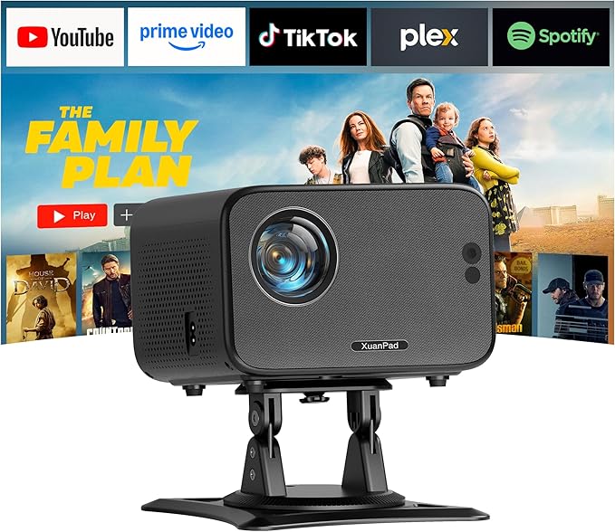 [Compatible with App & TOF Real-time Focus] Mini Projector with WiFi and Bluetooth, XuanPad Smart Projector 4K Support, Dolby Audio & Keystone, 210° Rotatable Stand for Home