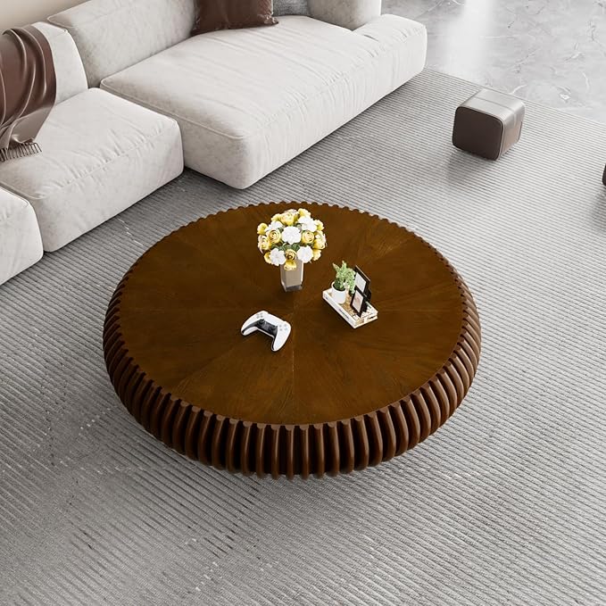 39.3" Drum Coffee Table Modern Unique Fluted Tea Table Contemporary Wood Round Coffee Table with Fluted Centry Table for Living Room Walnut (39.3" Walnut)