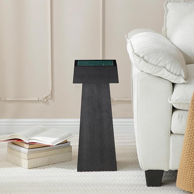 8.6-inch Marble Pedestal Side Table, Stone Finish Top Accent Drink Table for Living Room, Square Small End Coffee Counter, Full Assembly for Small Space Office - Black