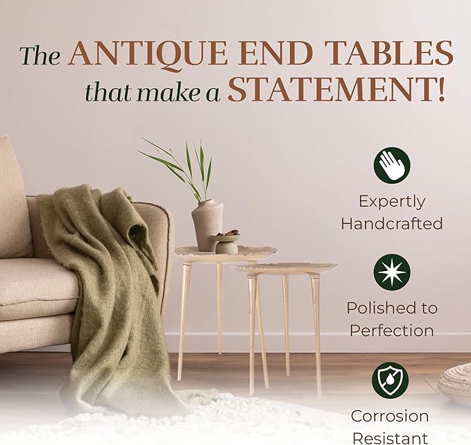 OBJET D'ART Small Round Gold End Table Set, Trieste Accent, Side, Pedestal, Cocktail and Drink Tables for Living Room and Small Spaces, Décor Set of 2, 21” and 18.5” Height