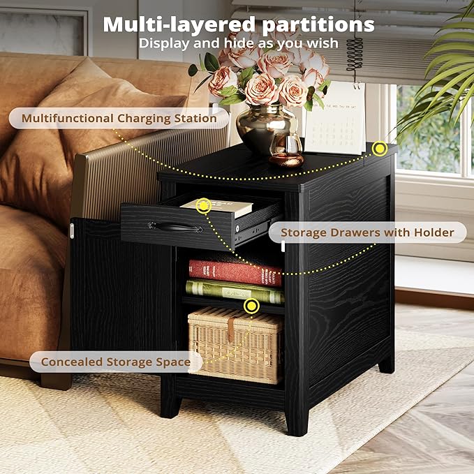 IRONCK End Table with Charging Station, Narrow Side Table for Living Room, Farmhouse Night Stand for Bedroom, Beside Table with Storage and Drawer for Home, Black