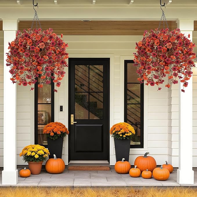 Artificial Flowers for Outdoors, 2 Set Faux Hanging Mums Baskets with Eucalyptus Vines, Realistic Fake Mums, Fall Flowers for Porch, Patio, Garden & Yard, Fall Outdoor Décor