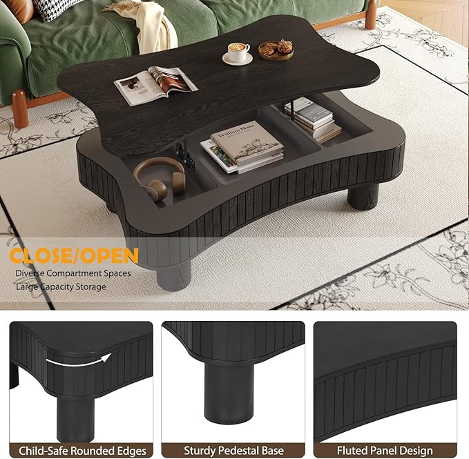 WILLIAMSPACE 42" Lift Top Coffee Table with Hidden Storage, Modern Luxury Wooden Center Table with Silent Hydraulic Lift, Curved Safety Corners, Accent Side Tea Table for Living Room, Black