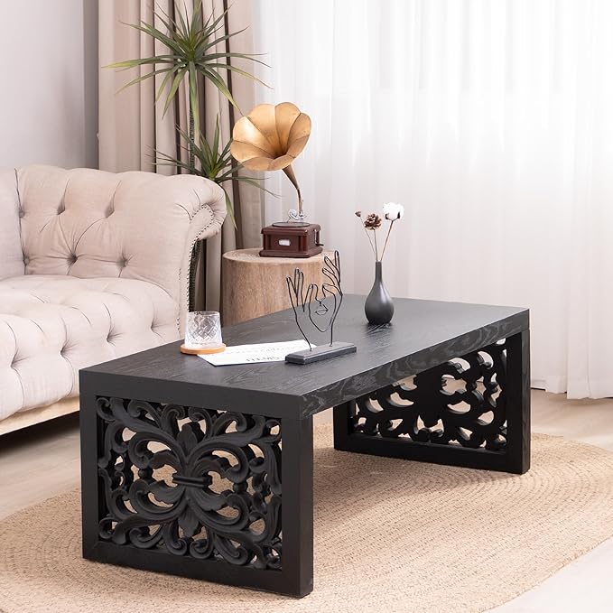 Rectangular Coffee Table with Handcrafted Ornate Side Panels, Rustic Center Table with Solid Wood Veneered, Farmhouse Tea Table for Living Room Office Apartment,47.2" L x 23.6" W x 17.9" H