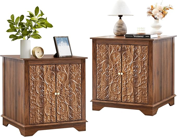 End Table Set of 2, Carved Floral Square Nightstand with Adjustable Shelf, Farmhouse Wooden 2 Door Side Table for Living Room Bedroom (Walnut)