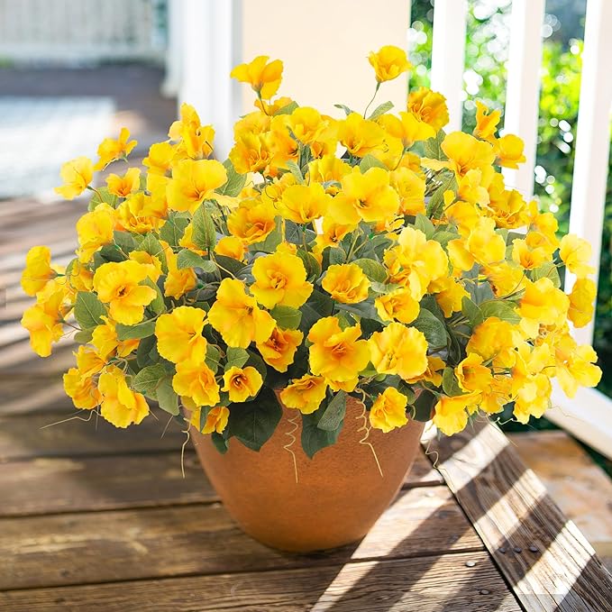 Hibiscus Artificial Flowers Plants for Outdoors Decoration, 6 Bundles Silk Hibiscus Tropical Flowers Artificial Realistic UV Resistant Fake Flower for Outside Planter Porch Patio Balcony, Yellow