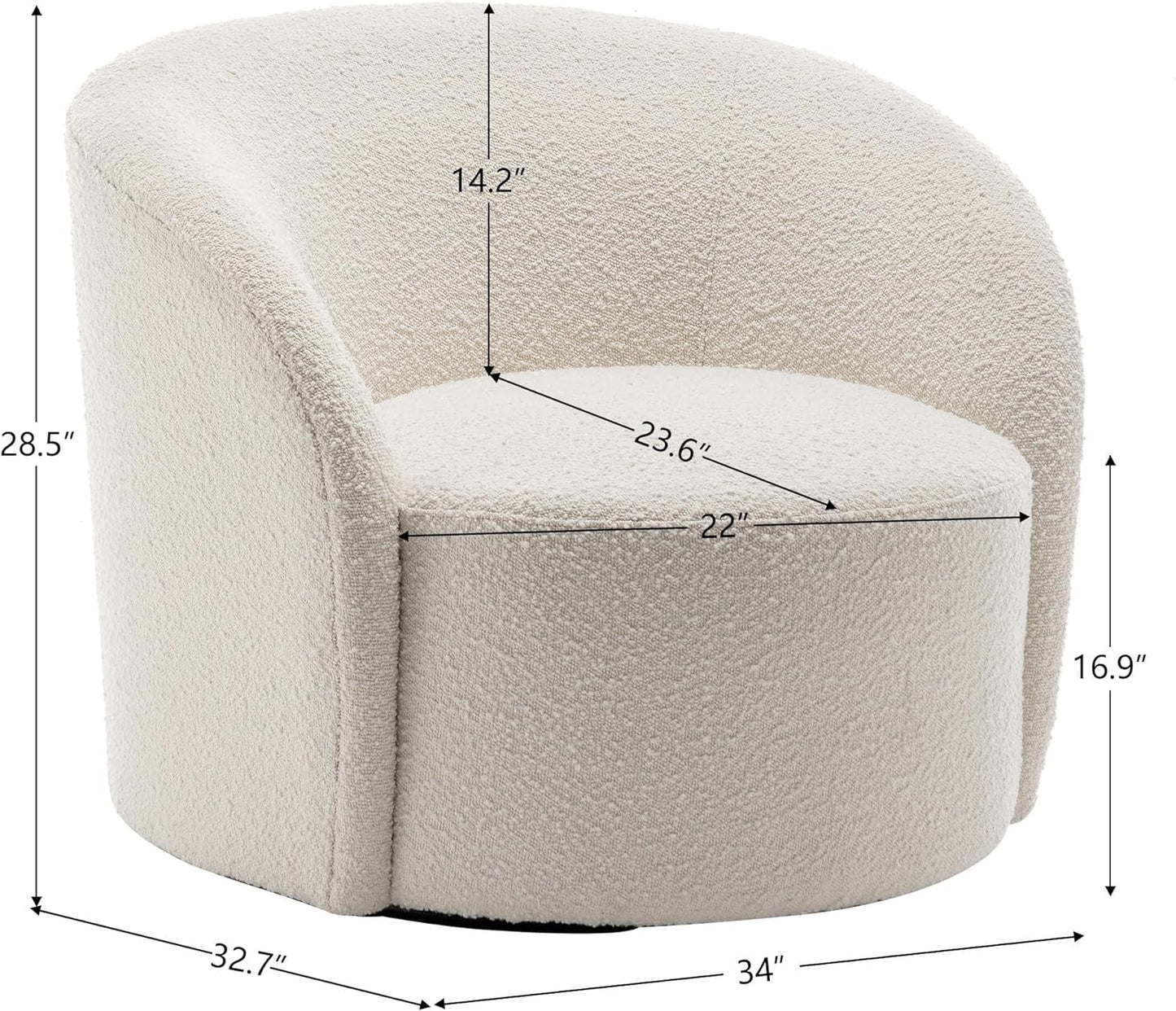 KINWELL Sherpa Swivel Barrel Chair & Round Ball Pillow Set - 34" Wide Modern Boucle Accent Chair with 9” Matching Nordic Decorative Throw Pillow for Living Room and Bedroom(Cream)