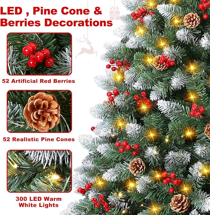 6FT Pre Lit Artificial Christmas Tree with 300 Lights, 847 Branch Tips, 52 Pine Cones, 52 Red Berries & Metal Stand, Remote Xmas Tree for Outdoor Indoor Home Christmas Decorations
