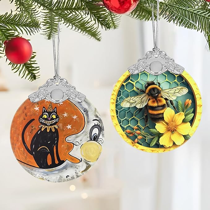 Christmas Decorations Ornaments, Stained Glass Ornament, Christmas Tree Ornaments, 2025 Gift Ornament, Xmas Gift for Friend Family Coworker - Moon and Cat