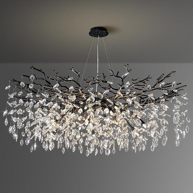 YUYI 47" Black Chandelier, 18-Light Modern Crystal Tree Branch Chandelier, Luxury Round K9 Crystal Raindrop Chandeliers Light Fixture for Dining Room, Living Room, Foyer, Entryway, Bedroom, Kitchen