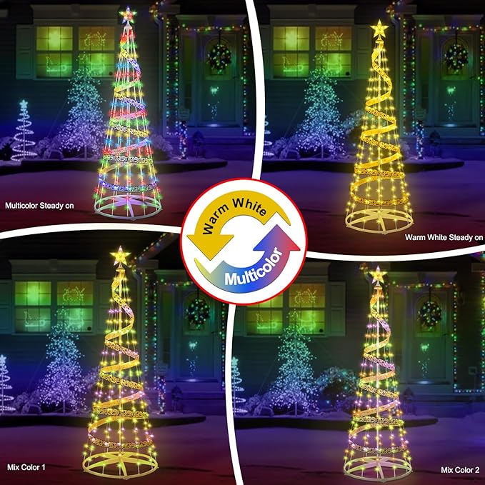 [11 Modes & Timer] 6 FT LED Christmas Tree Cone Lights Color Changing, 180 LED Outdoor Christmas Cone Tree with 11 Modes Timer Remote for Indoor Outside Yard Porch Xmas Decor Multicolor & Warm White