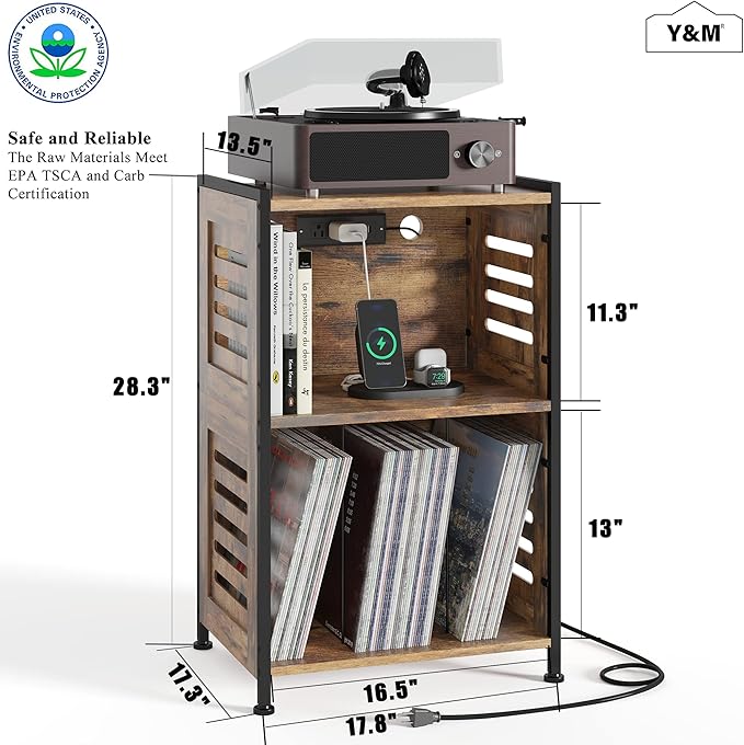 Y&M Record Player Stand, Vinyl Turntable Stand with Charging Station and USB Port, Record Display Table with Storage Cabinet, Turntable Holder, End Table, Nightstand for Bedroom, Living Room, Brown