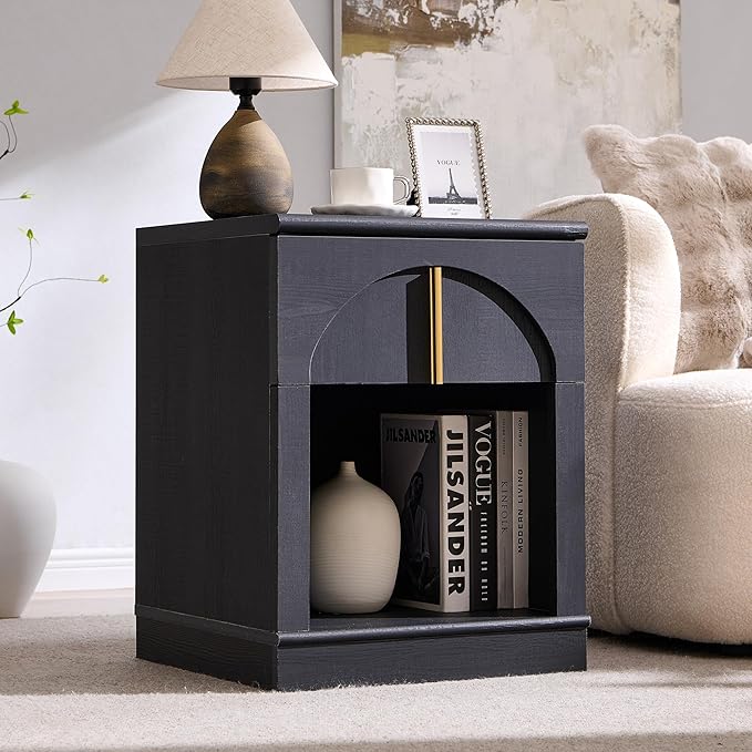 ACCOHOHO Modern Night Stand Set 2 with Arched Panel,18" Wooden nightstand with Charging Station,Bedside Table with Drawer Storage,Side End Table with Open Shelf for Bedroom,Living Room,Black